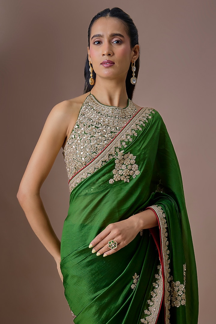 Kaccha Aam Green Organza Silk Marodi Work Reception Saree Set by Punit Balana at Pernia's Pop Up Shop