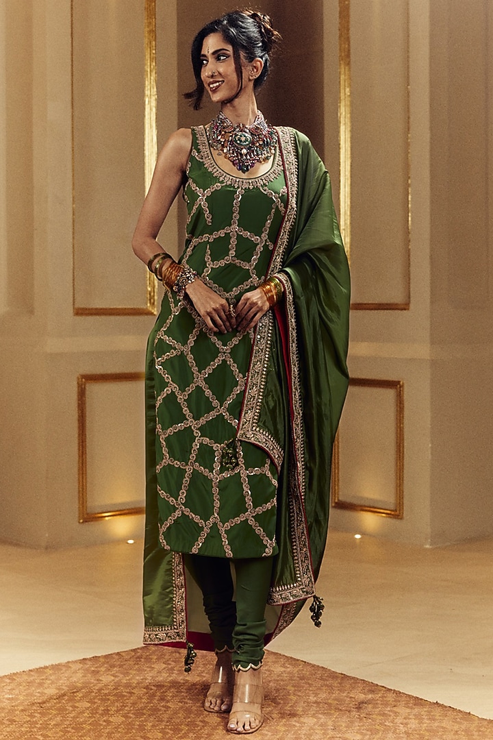 Green Satin Silk Marodi Embroidered Kurta Set by Punit Balana at Pernia's Pop Up Shop