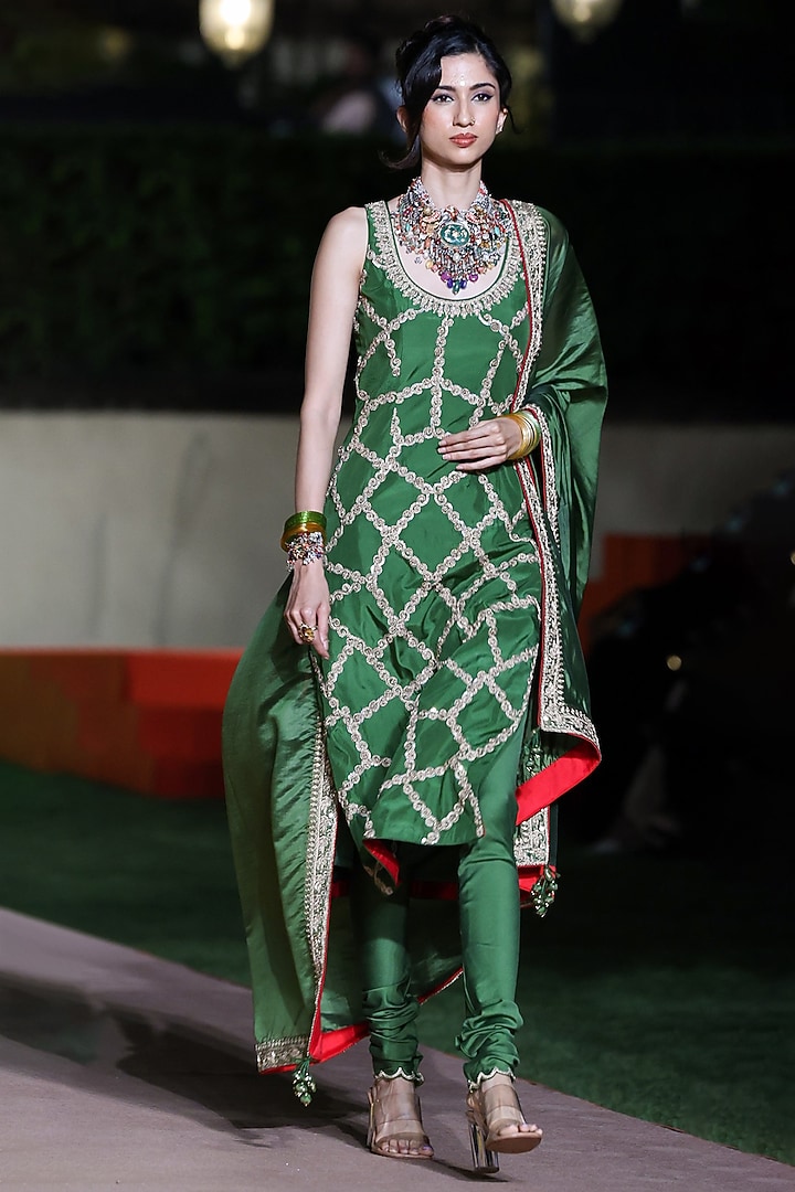 Green Satin Silk Marodi Embroidered Kurta Set by Punit Balana at Pernia's Pop Up Shop