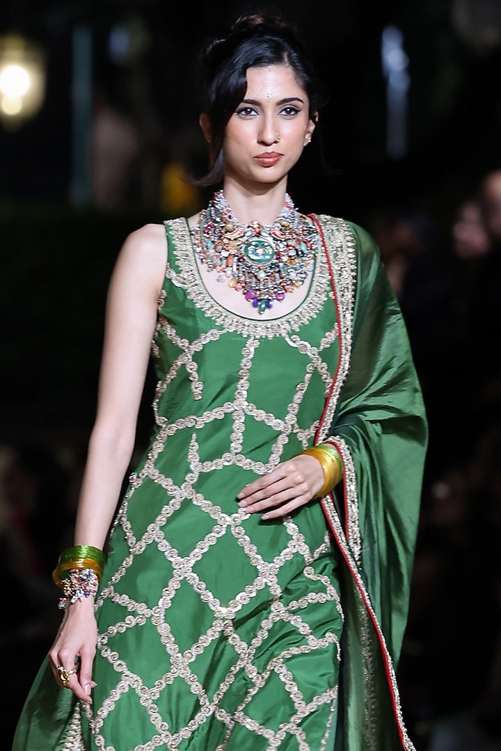 Green Satin Silk Marodi Embroidered Kurta Set by Punit Balana at Pernia's Pop Up Shop