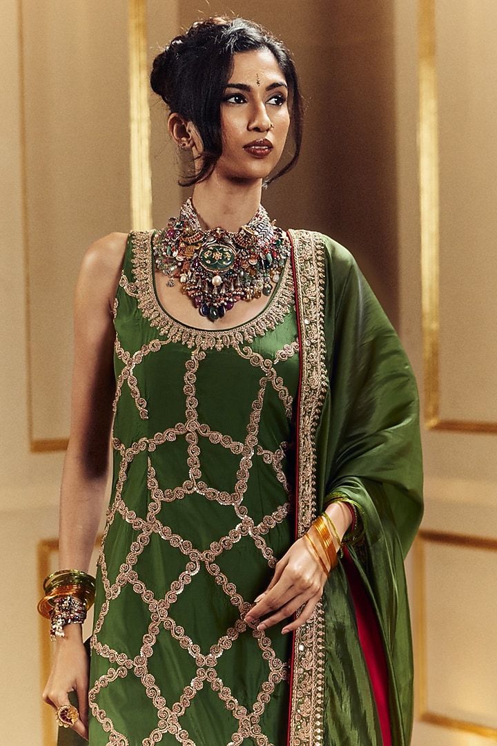 Green Satin Silk Marodi Embroidered Kurta Set by Punit Balana at Pernia's Pop Up Shop