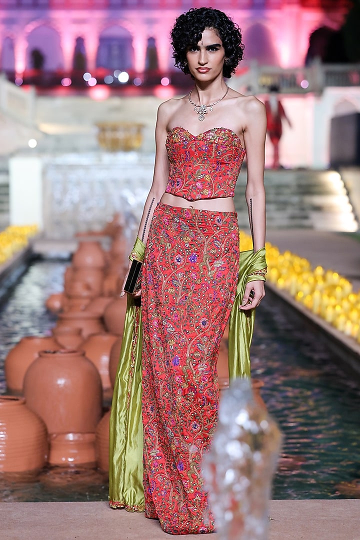 Surkh Laal Satin Silk Printed Skirt Set by Punit Balana at Pernia's Pop Up Shop