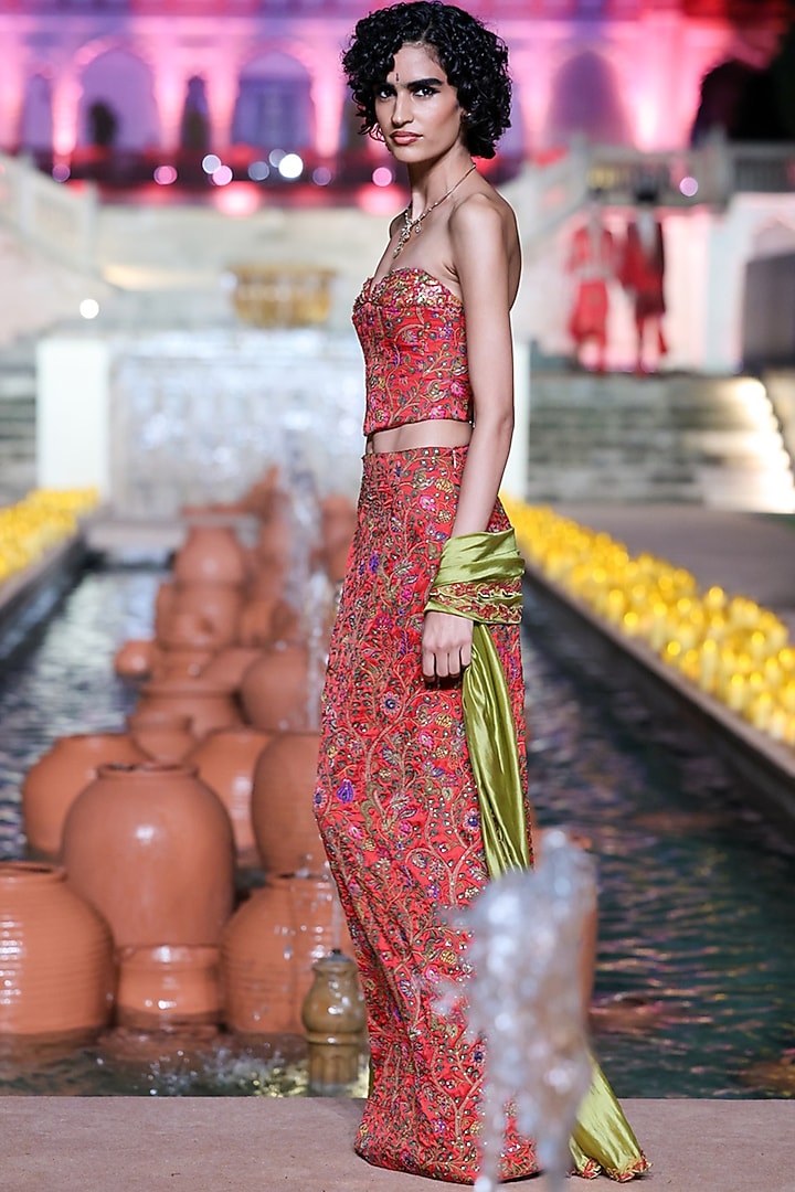 Surkh Laal Satin Silk Printed Skirt Set by Punit Balana at Pernia's Pop Up Shop