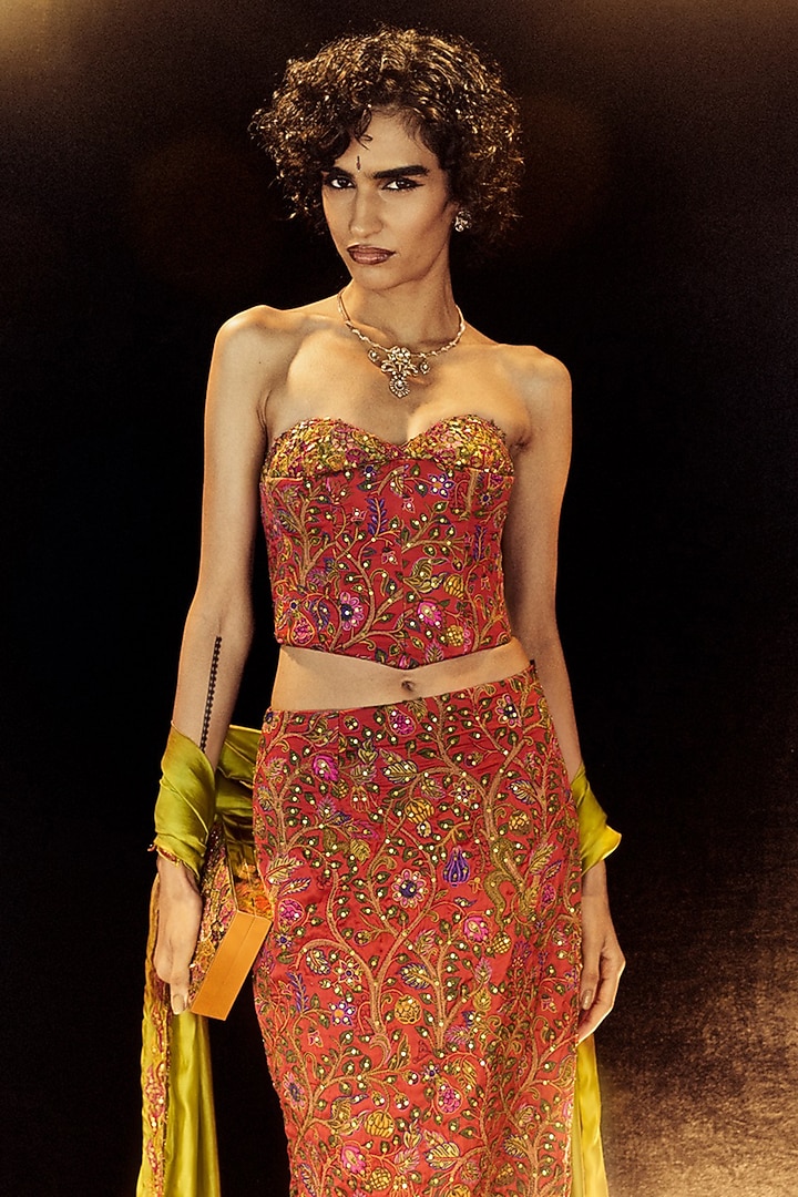Surkh Laal Satin Silk Printed Skirt Set by Punit Balana at Pernia's Pop Up Shop