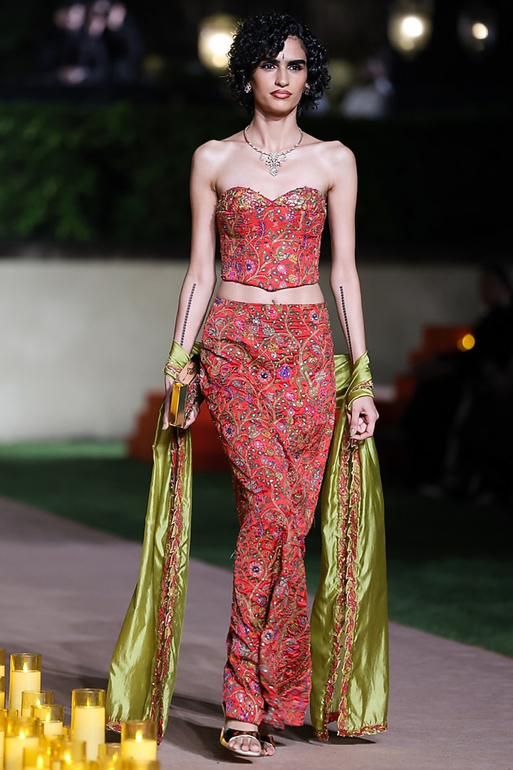 Surkh Laal Satin Silk Printed Skirt Set by Punit Balana at Pernia's Pop Up Shop