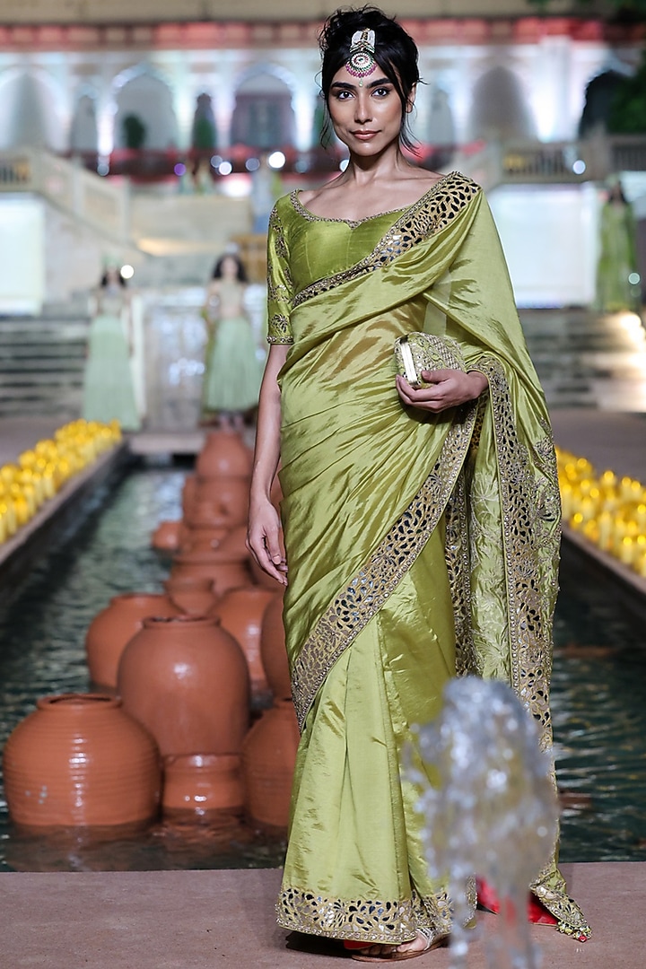 Dry Heena Green Organza Silk Patra Work Reception Saree Set by Punit Balana at Pernia's Pop Up Shop