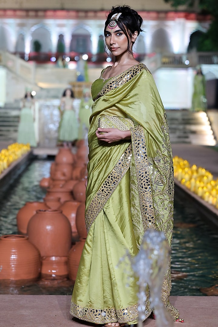 Dry Heena Green Organza Silk Patra Work Reception Saree Set by Punit Balana at Pernia's Pop Up Shop