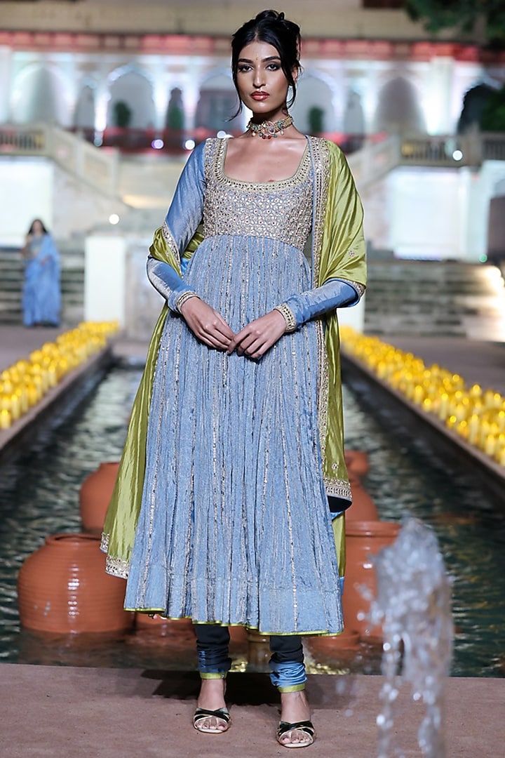 Saleti Grey Tissue Silk Marodi Embroidered Bridal Anarkali Set by Punit Balana at Pernia's Pop Up Shop