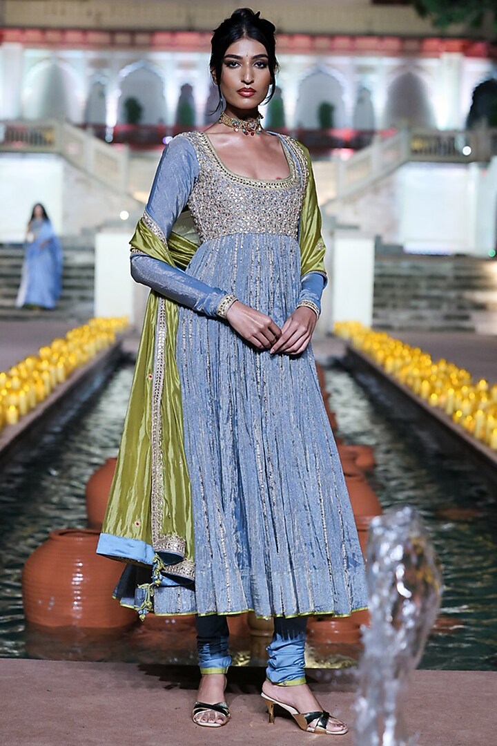Saleti Grey Tissue Silk Marodi Embroidered Bridal Anarkali Set by Punit Balana at Pernia's Pop Up Shop