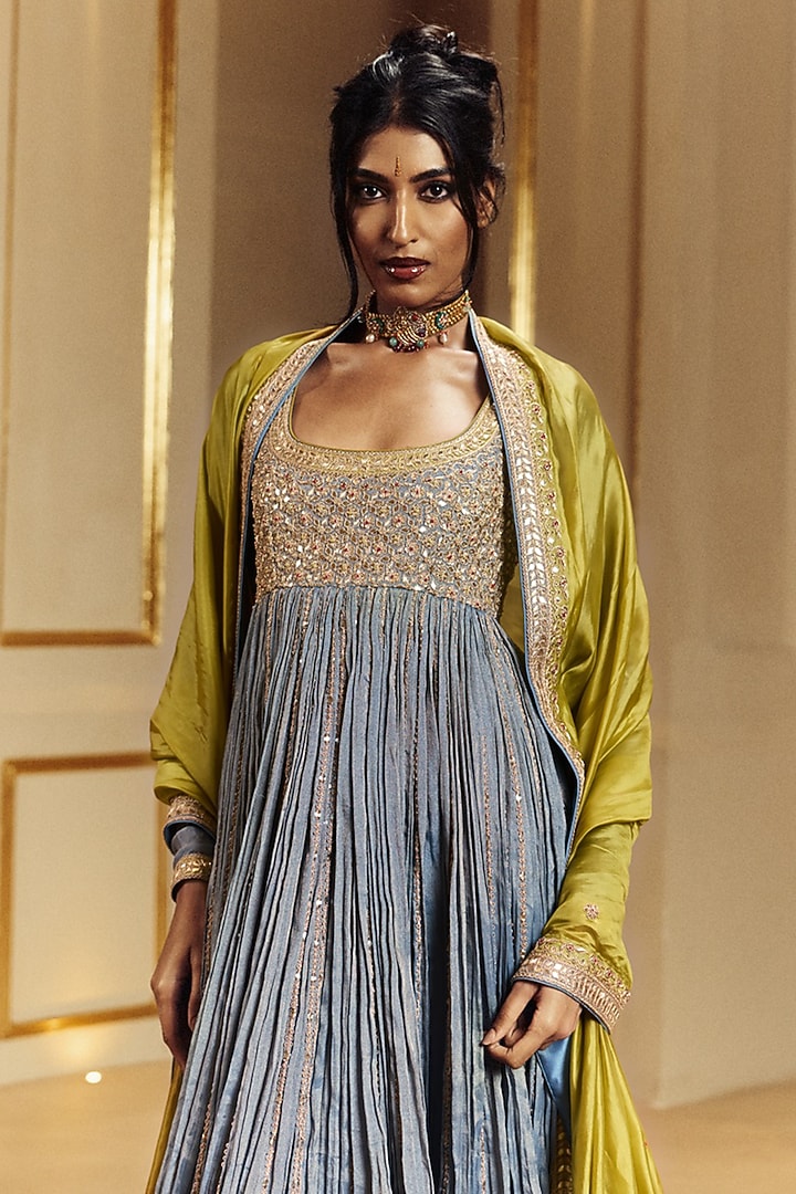 Saleti Grey Tissue Silk Marodi Embroidered Bridal Anarkali Set by Punit Balana at Pernia's Pop Up Shop