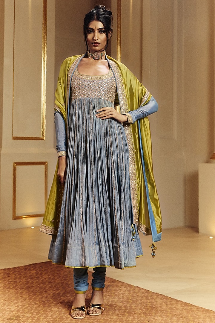 Saleti Grey Tissue Silk Marodi Embroidered Bridal Anarkali Set by Punit Balana at Pernia's Pop Up Shop