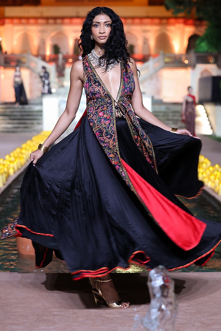 Black Satin Silk Resham Work Jacket Set by Punit Balana at Pernia's Pop Up Shop