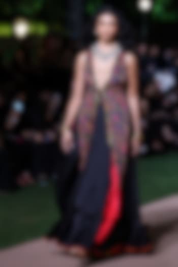 Black Satin Silk Resham Work Jacket Set by Punit Balana at Pernia's Pop Up Shop