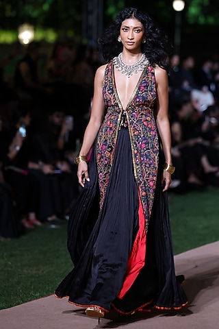 Black Satin Silk Resham Work Jacket Set by Punit Balana