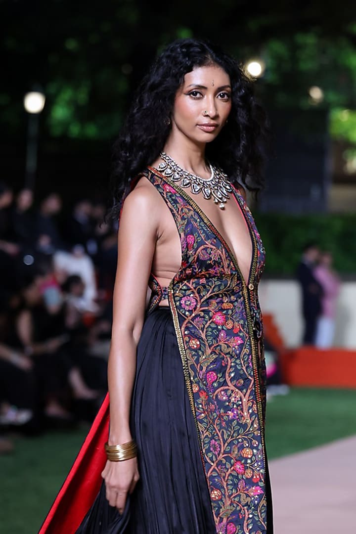 Black Satin Silk Resham Work Jacket Set by Punit Balana at Pernia's Pop Up Shop