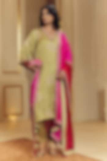 Heena Green Satin Silk Applique Embroidered Kurta Set by Punit Balana at Pernia's Pop Up Shop