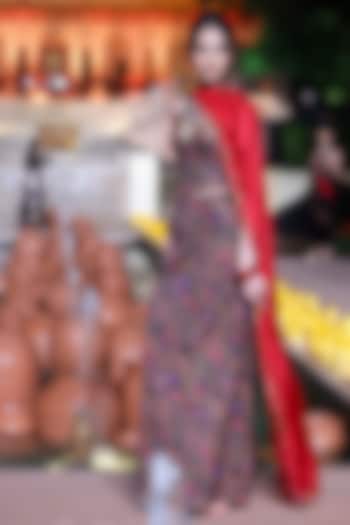 Black Satin Silk Coin Work Draped Skirt Set by Punit Balana at Pernia's Pop Up Shop