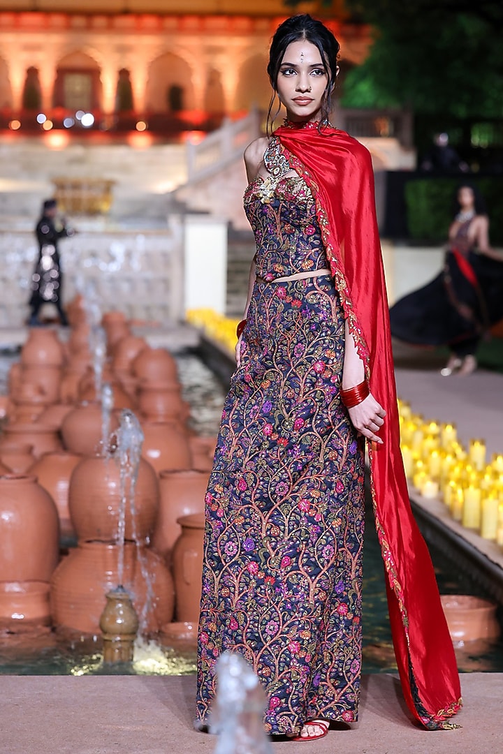 Black Satin Silk Coin Work Draped Skirt Set by Punit Balana at Pernia's Pop Up Shop