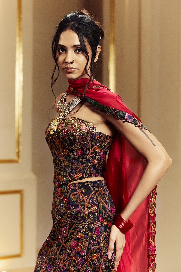 Black Satin Silk Coin Work Draped Skirt Set by Punit Balana at Pernia's Pop Up Shop