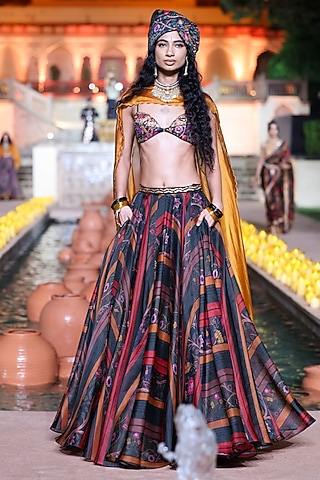 Black Organza Printed Jacket Lehenga Set by Punit Balana