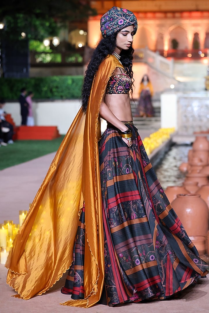 Black Organza Printed Jacket Wedding Lehenga Set by Punit Balana at Pernia's Pop Up Shop