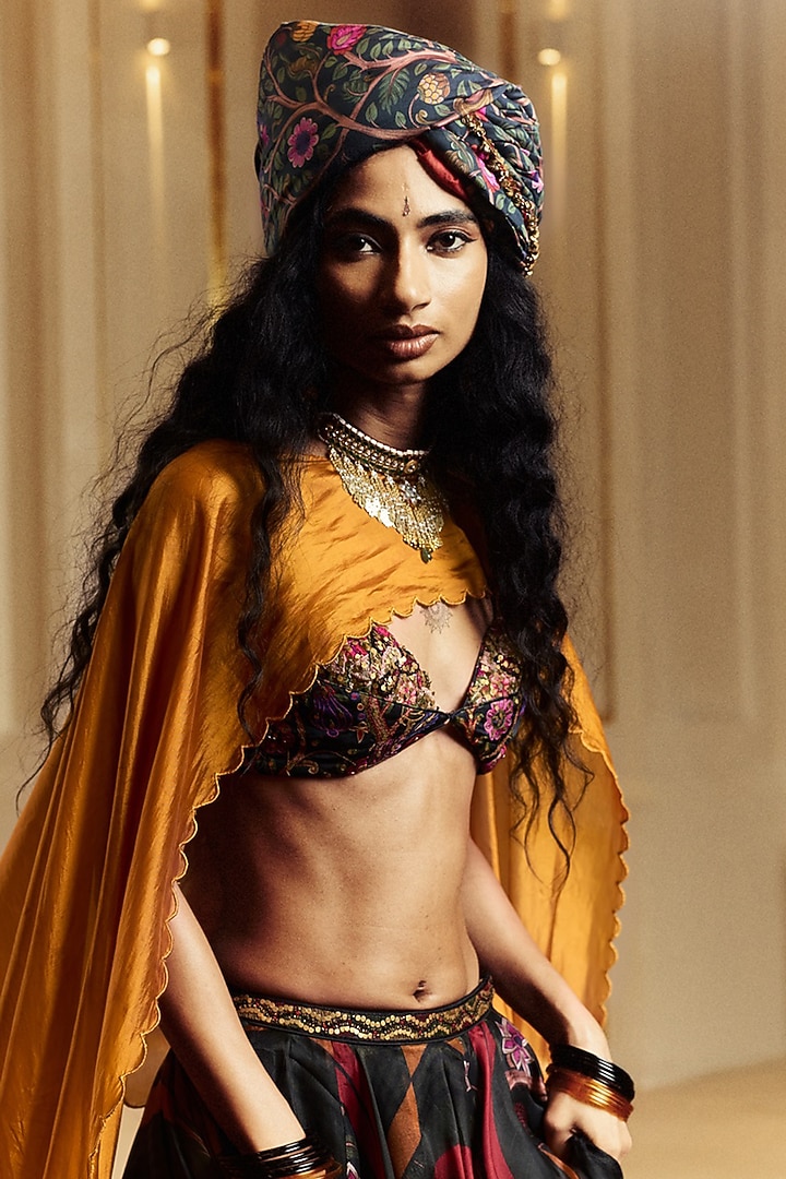 Black Organza Printed Jacket Wedding Lehenga Set by Punit Balana at Pernia's Pop Up Shop