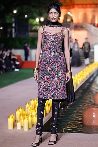 Black Satin Silk Resham Embroidered Kurta Set by Punit Balana