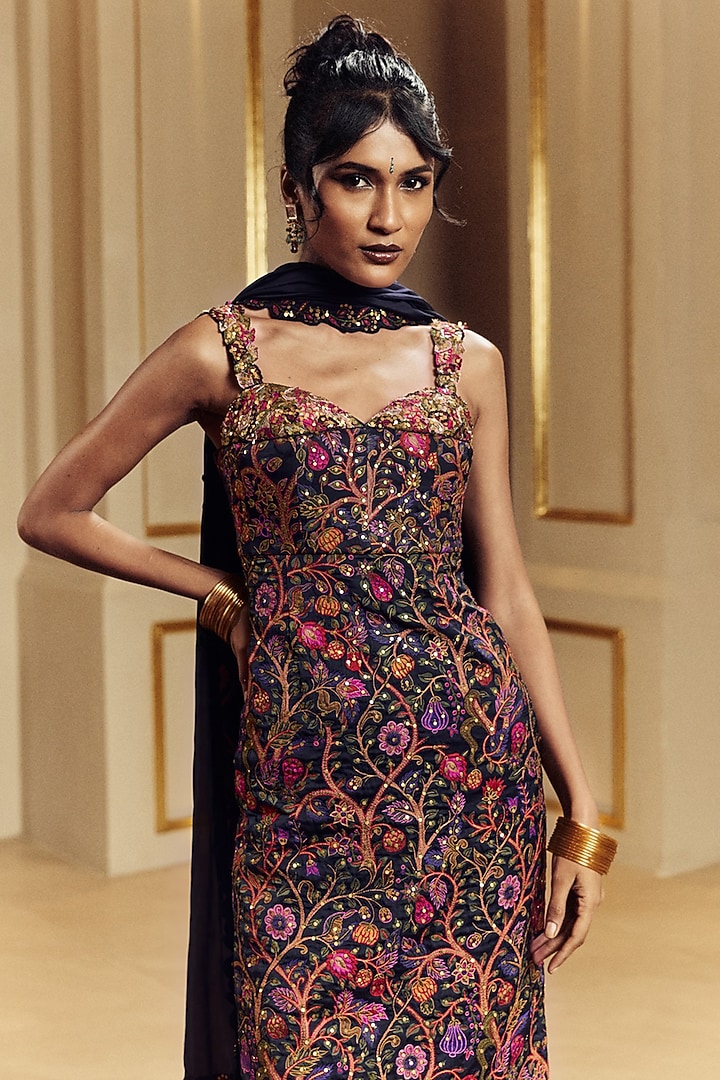Black Satin Silk Resham Embroidered Kurta Set by Punit Balana at Pernia's Pop Up Shop