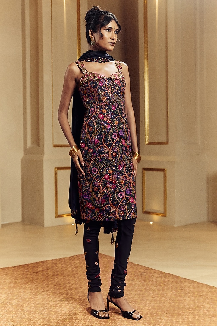 Black Satin Silk Resham Embroidered Kurta Set by Punit Balana at Pernia's Pop Up Shop