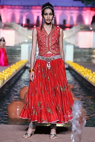 Surkh Laal Chanderi Silk Printed Lehenga Set by Punit Balana