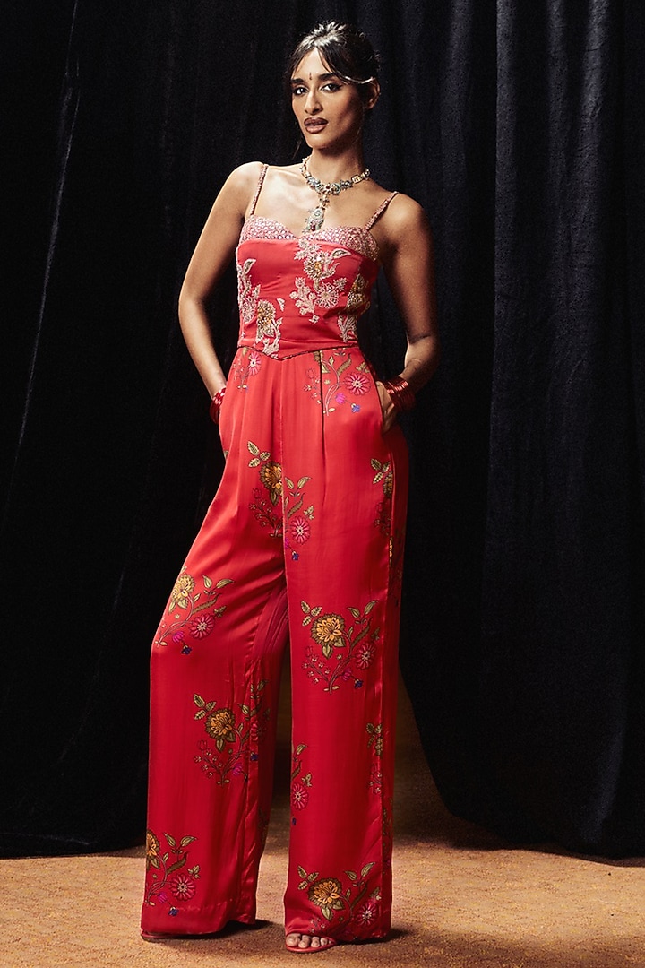 Surkh Laal Satin Silk Marodi Work Floral Jumpsuit by Punit Balana at Pernia's Pop Up Shop