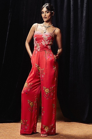 Surkh Laal Satin Silk Marodi Work Floral Jumpsuit by Punit Balana