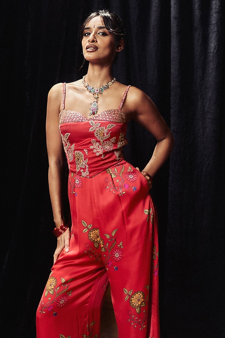 Surkh Laal Satin Silk Marodi Work Floral Jumpsuit by Punit Balana at Pernia's Pop Up Shop