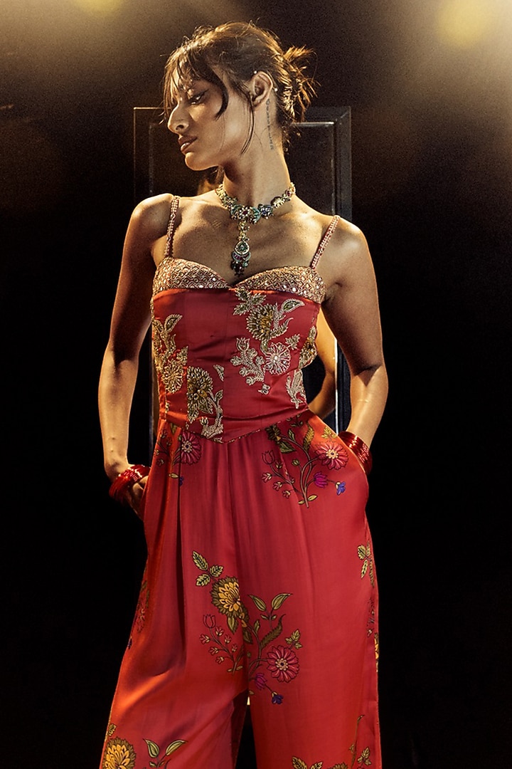 Surkh Laal Satin Silk Marodi Work Floral Jumpsuit by Punit Balana at Pernia's Pop Up Shop