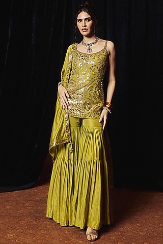 Dry Heena Green Silk Gharara Set by Punit Balana