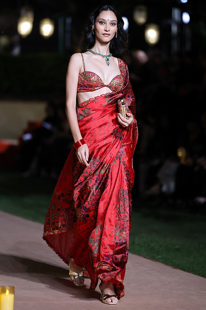 Surkh Laal Organza Silk Printed & Marodi Work Wedding Saree Set by Punit Balana at Pernia's Pop Up Shop