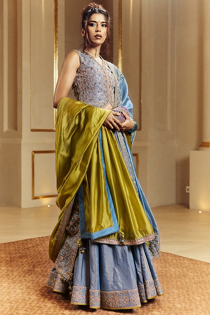 Saleti Grey Tissue Silk Marodi Embroidered Bridal Lehenga Set by Punit Balana at Pernia's Pop Up Shop