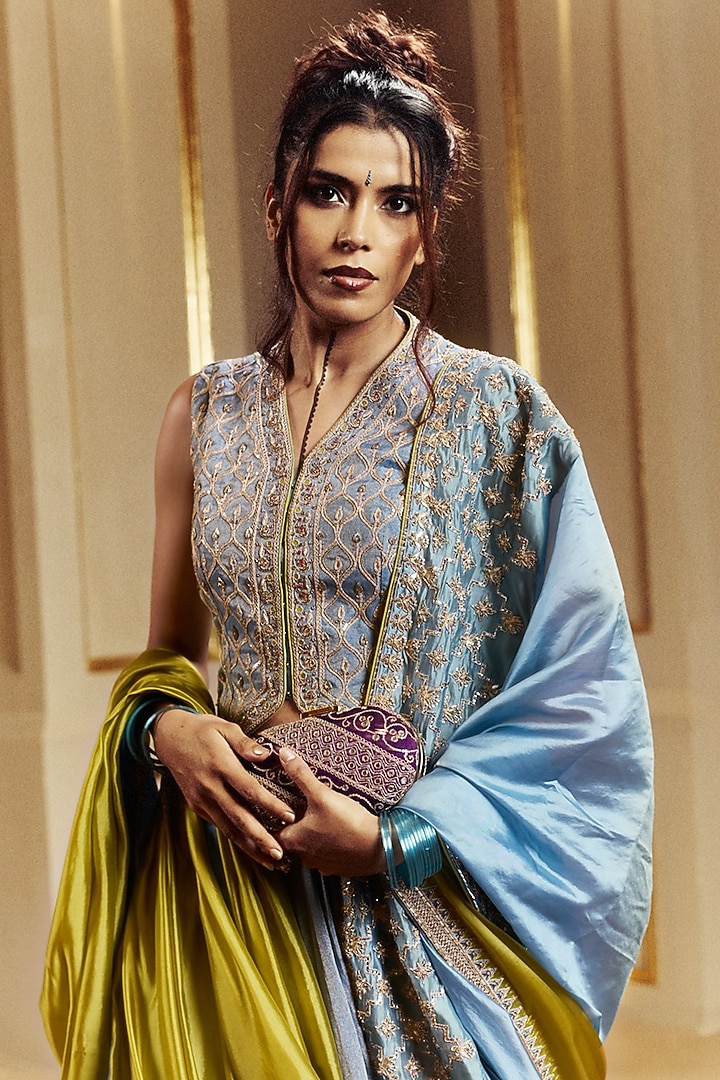 Saleti Grey Tissue Silk Marodi Embroidered Bridal Lehenga Set by Punit Balana at Pernia's Pop Up Shop