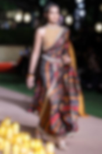 Black Organza Silk Printed & Marodi Work Reception Saree Set by Punit Balana at Pernia's Pop Up Shop