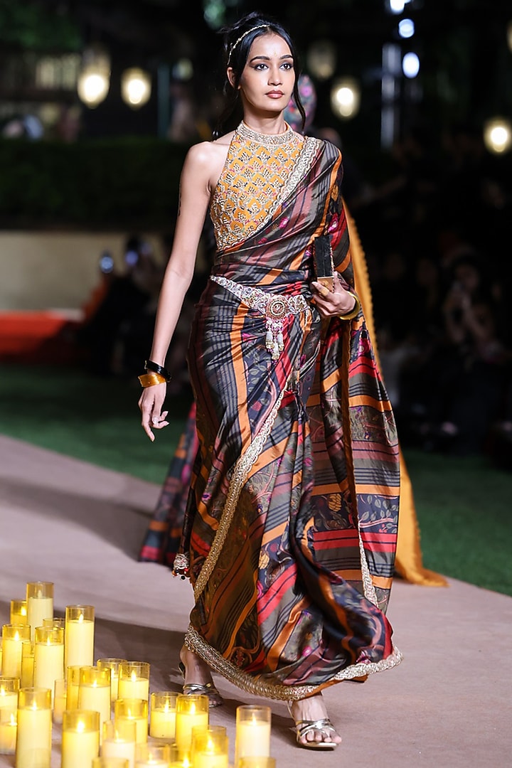 Black Organza Silk Printed & Marodi Work Reception Saree Set by Punit Balana at Pernia's Pop Up Shop