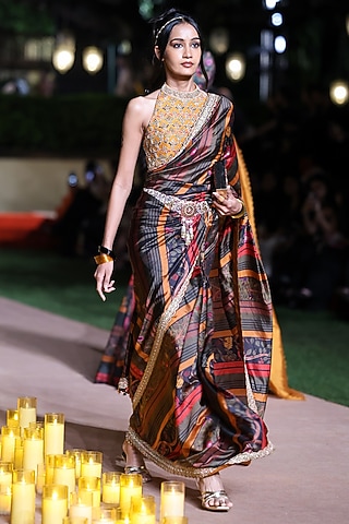 Black Organza Silk Printed & Marodi Work Saree Set by Punit Balana