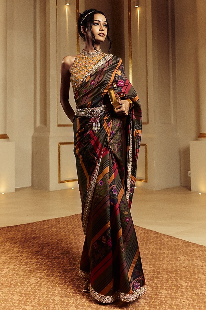 Black Organza Silk Printed & Marodi Work Reception Saree Set by Punit Balana at Pernia's Pop Up Shop