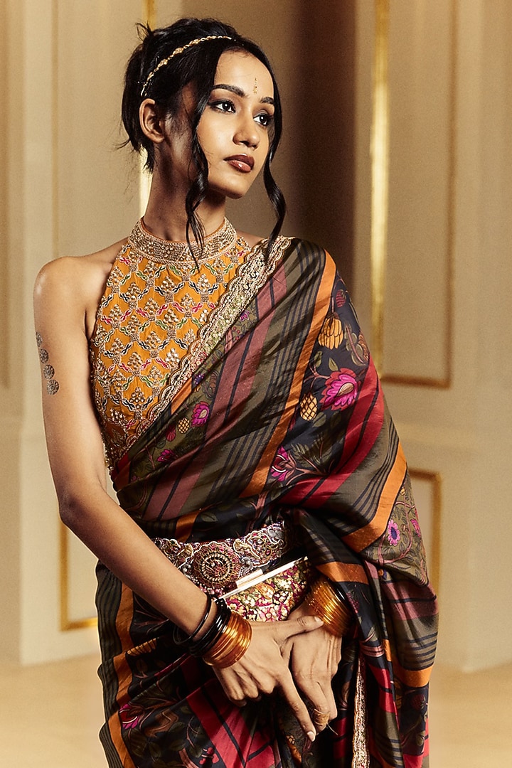 Black Organza Silk Printed & Marodi Work Reception Saree Set by Punit Balana at Pernia's Pop Up Shop