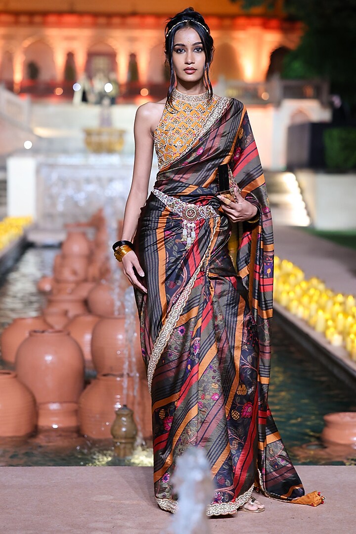 Black Organza Silk Printed & Marodi Work Reception Saree Set by Punit Balana at Pernia's Pop Up Shop