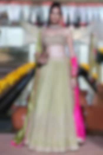 Dry Heena Green Tissue Marodi Embroidered Bridal Lehenga Set by Punit Balana at Pernia's Pop Up Shop