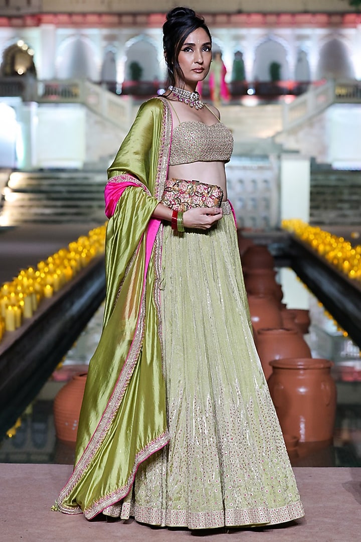 Dry Heena Green Tissue Marodi Embroidered Bridal Lehenga Set by Punit Balana at Pernia's Pop Up Shop