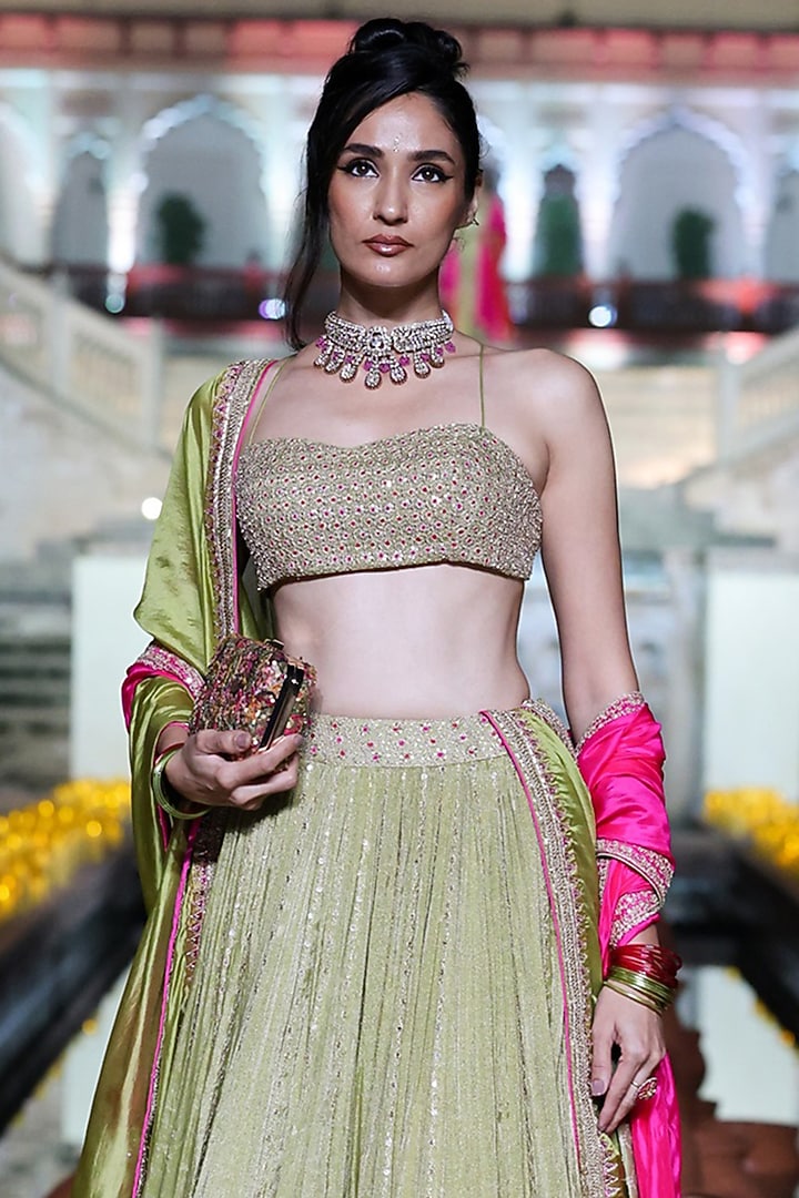 Dry Heena Green Tissue Marodi Embroidered Bridal Lehenga Set by Punit Balana at Pernia's Pop Up Shop