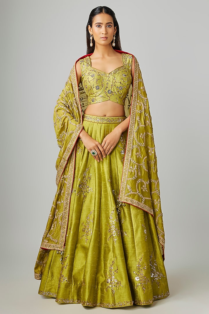 Dry Heena Green Raw Silk Foil Work Bridal Lehenga Set by Punit Balana at Pernia's Pop Up Shop