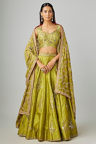 Dry Heena Green Raw Silk Foil Work Lehenga Set by Punit Balana