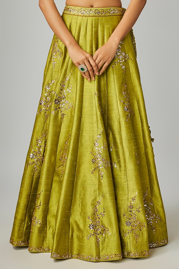 Dry Heena Green Raw Silk Foil Work Bridal Lehenga Set by Punit Balana at Pernia's Pop Up Shop